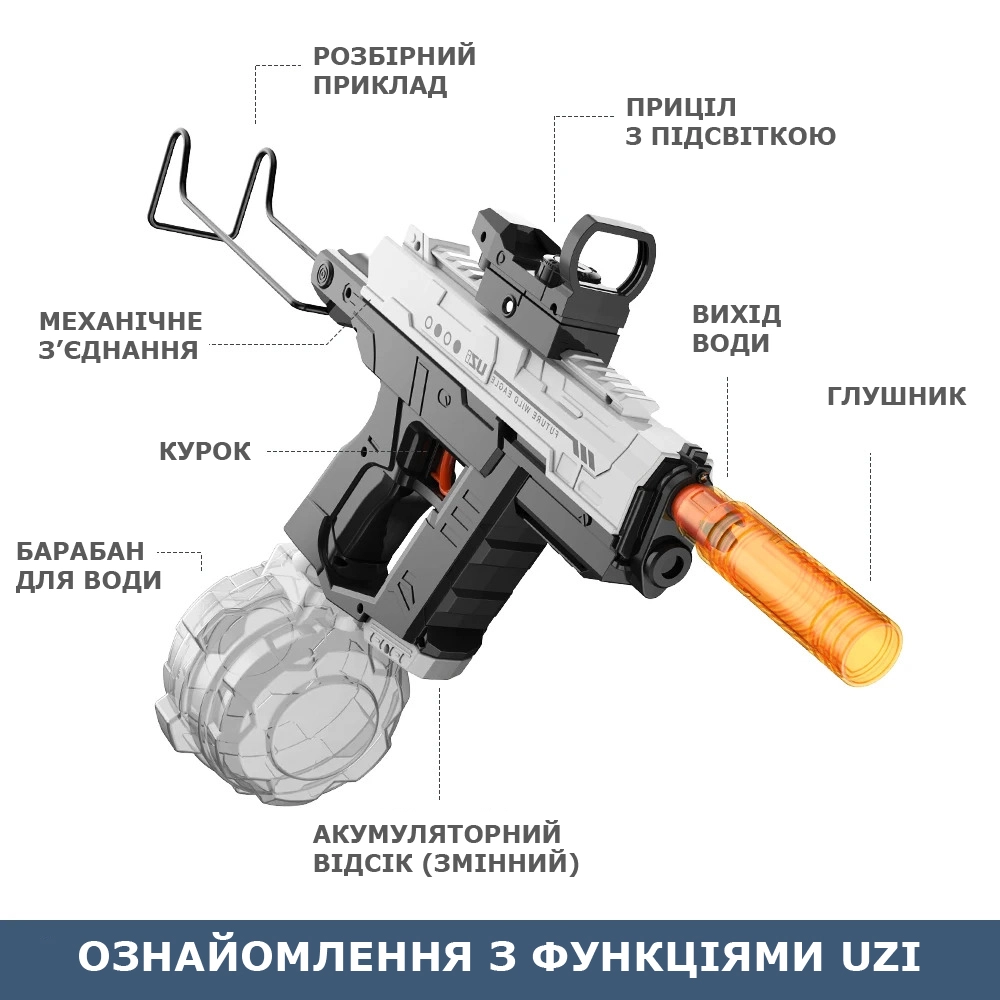 Купити Акумуляторний водяний пістолет UZI Scorpion електричний з прицілом Water Gun автоматичний електричний потужний за 1729 грн